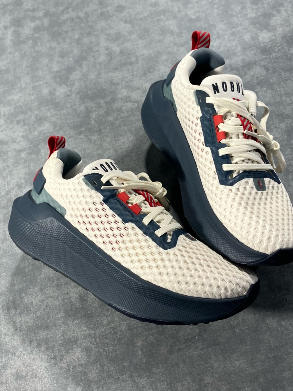 NOBULL Kids White Mesh Sneakers with Navy and Red Accents